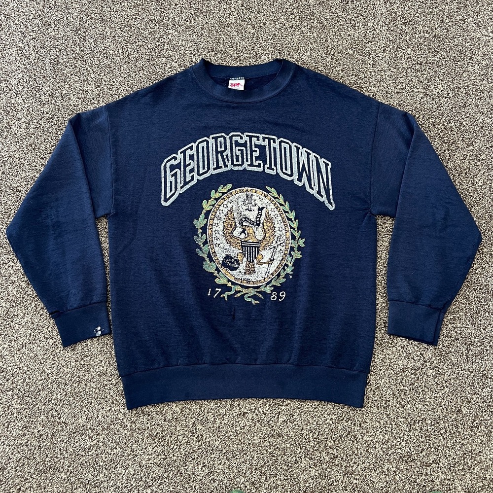 VTG 80s Georgetown University Sweatshirt L USA SPA Sportswear Distressed Navy